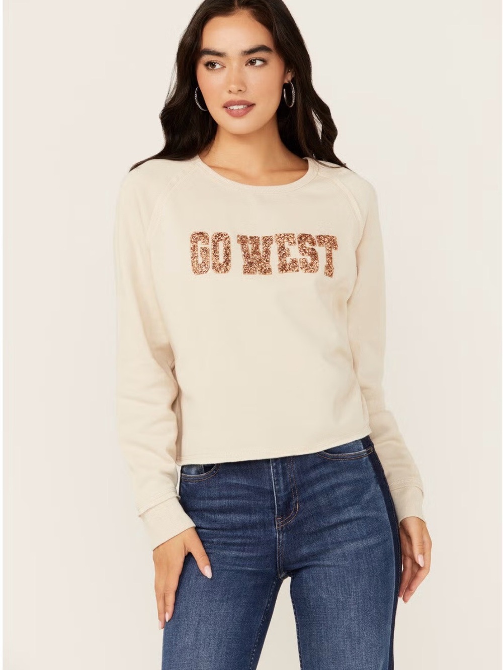 'Go West' Sequin Logo Sweatshirt - Cream